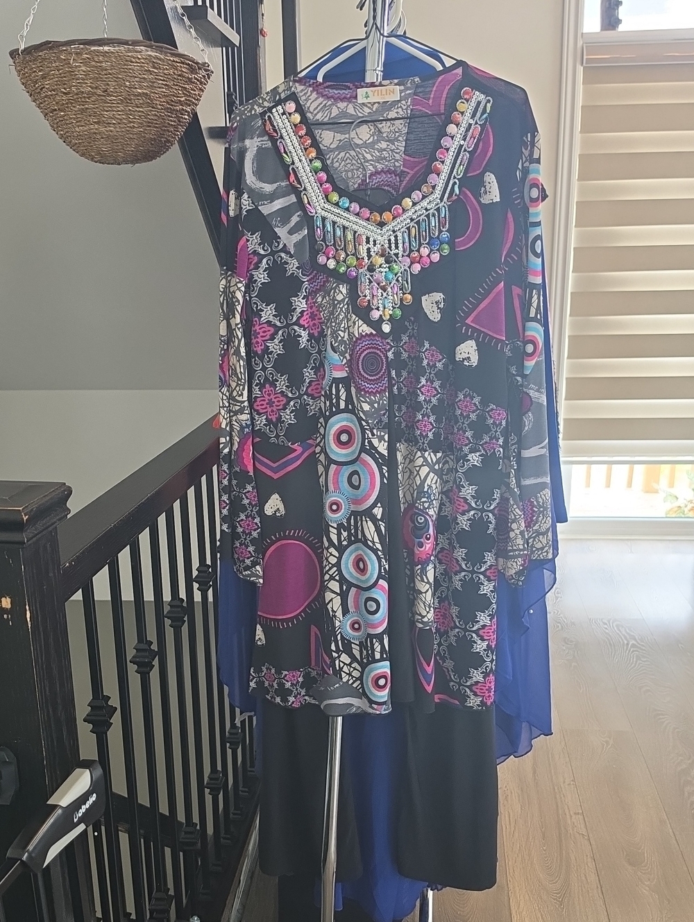 Embellished Black Multicolor V-Neck Tunic Top